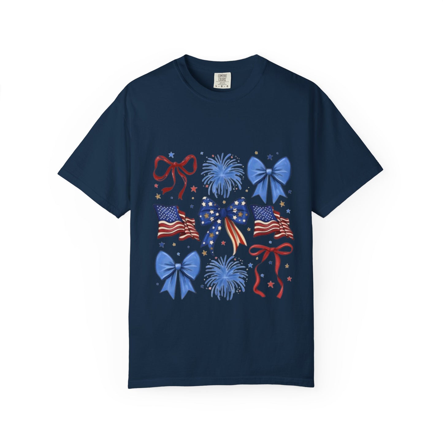 Patriotic Bows T-Shirt — American Flag & Fireworks 4th of July Tee