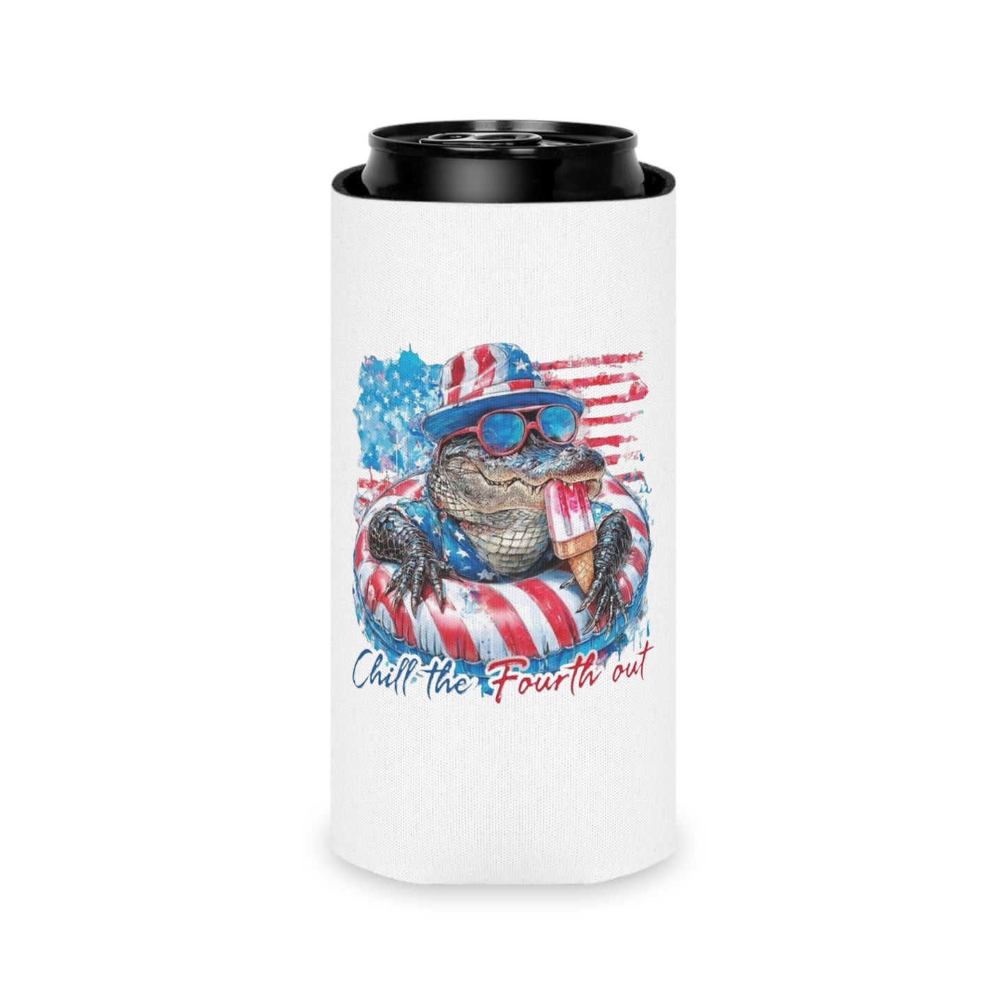 Patriotic Gator Can Cooler — "Chill the Fourth Out" 4th of July Drink Koozie