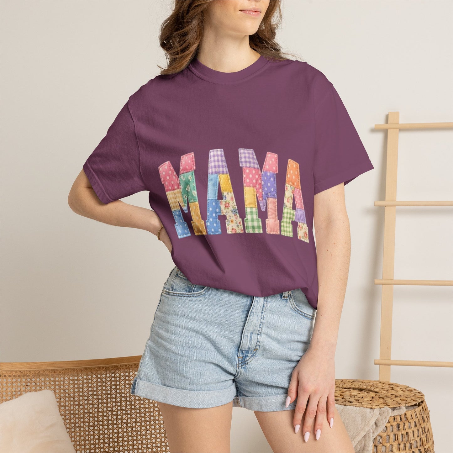 Mama Patchwork Graphic T-Shirt – Colorful Quilted Letter Tee for Moms