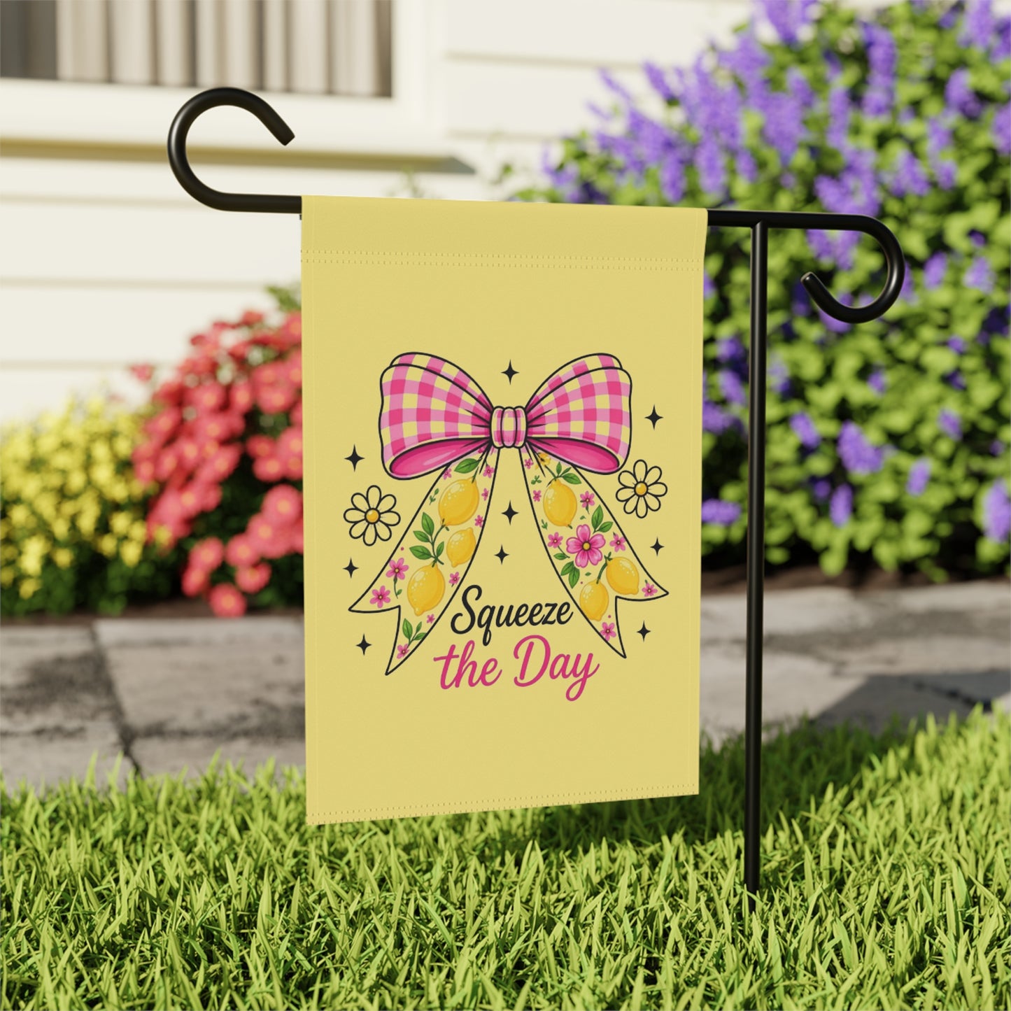 Garden Flag — "Squeeze the Day" Floral Bow Garden Banner