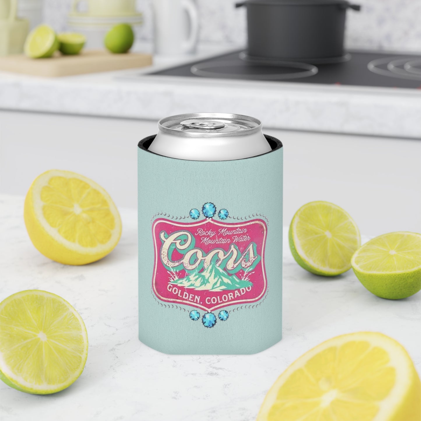 Can Cooler — Coors Golden, Colorado Retro Mountain Logo Koozie