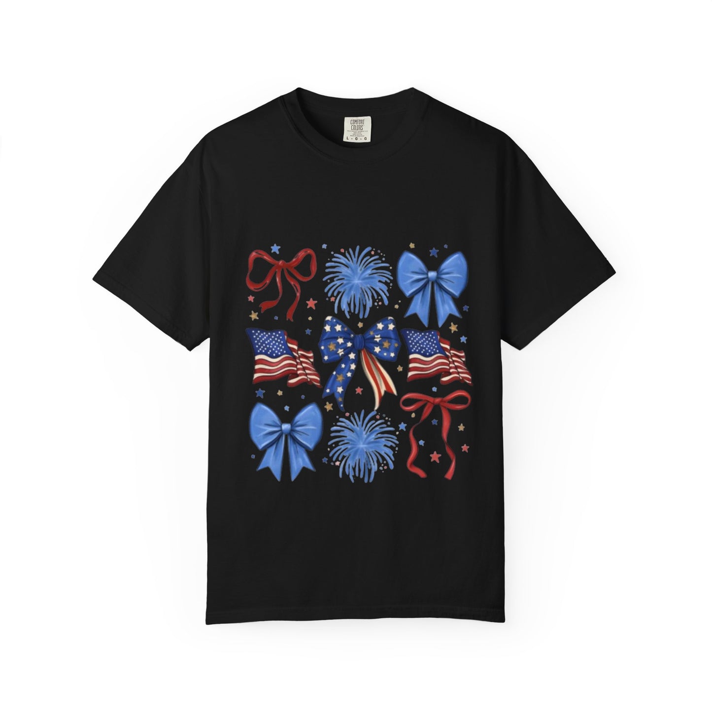 Patriotic Bows T-Shirt — American Flag & Fireworks 4th of July Tee
