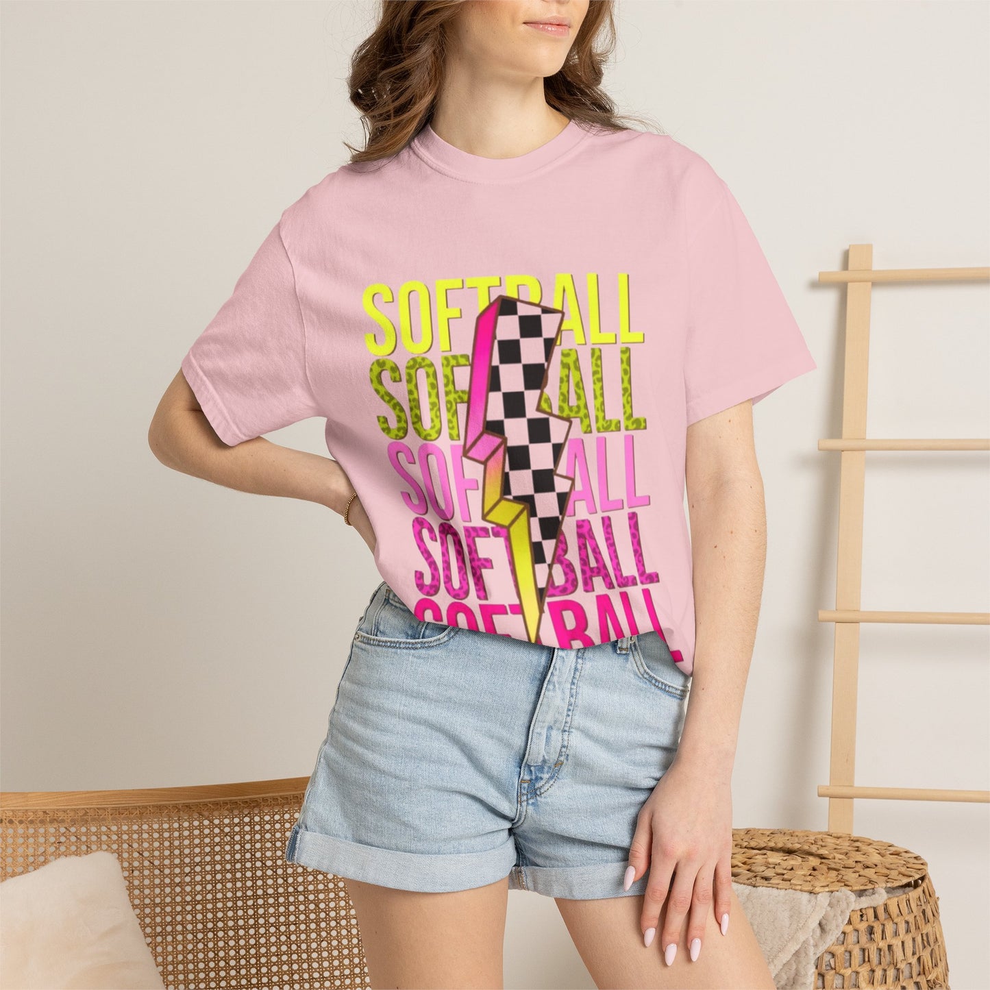 Softball Lightning Tee — Checkerboard Bolt Graphic Softball T‑Shirt
