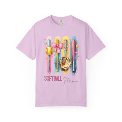 Softball Mama T-Shirt - Colorful Bats & Glove Graphic