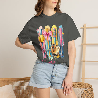 Softball Mama T-Shirt - Colorful Bats & Glove Graphic