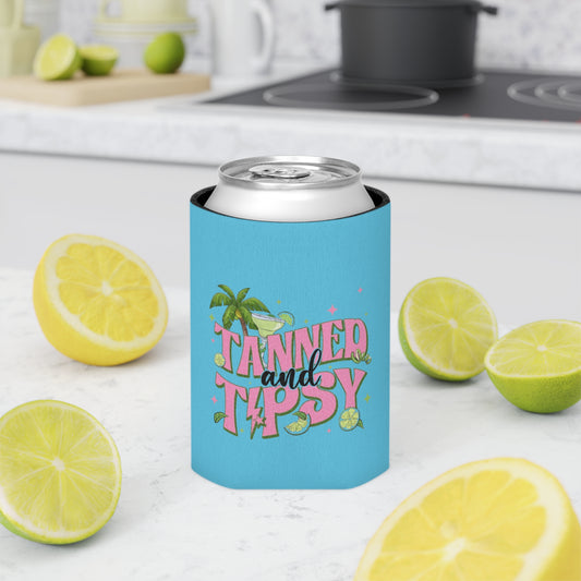 Can Cooler — "Tanned and Tipsy" Tropical Beverage Koozie
