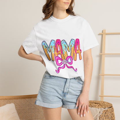 Mama Colorful Drip Graphic T-Shirt — Cute Pink Bow Mom Tee