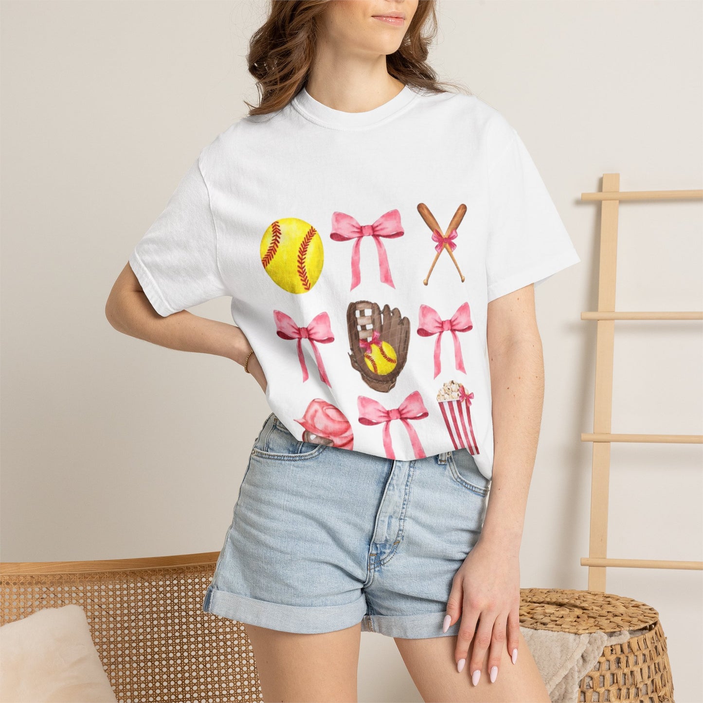 Softball Mom Graphic T-Shirt — Pink Bows, Glove & Helmet Design