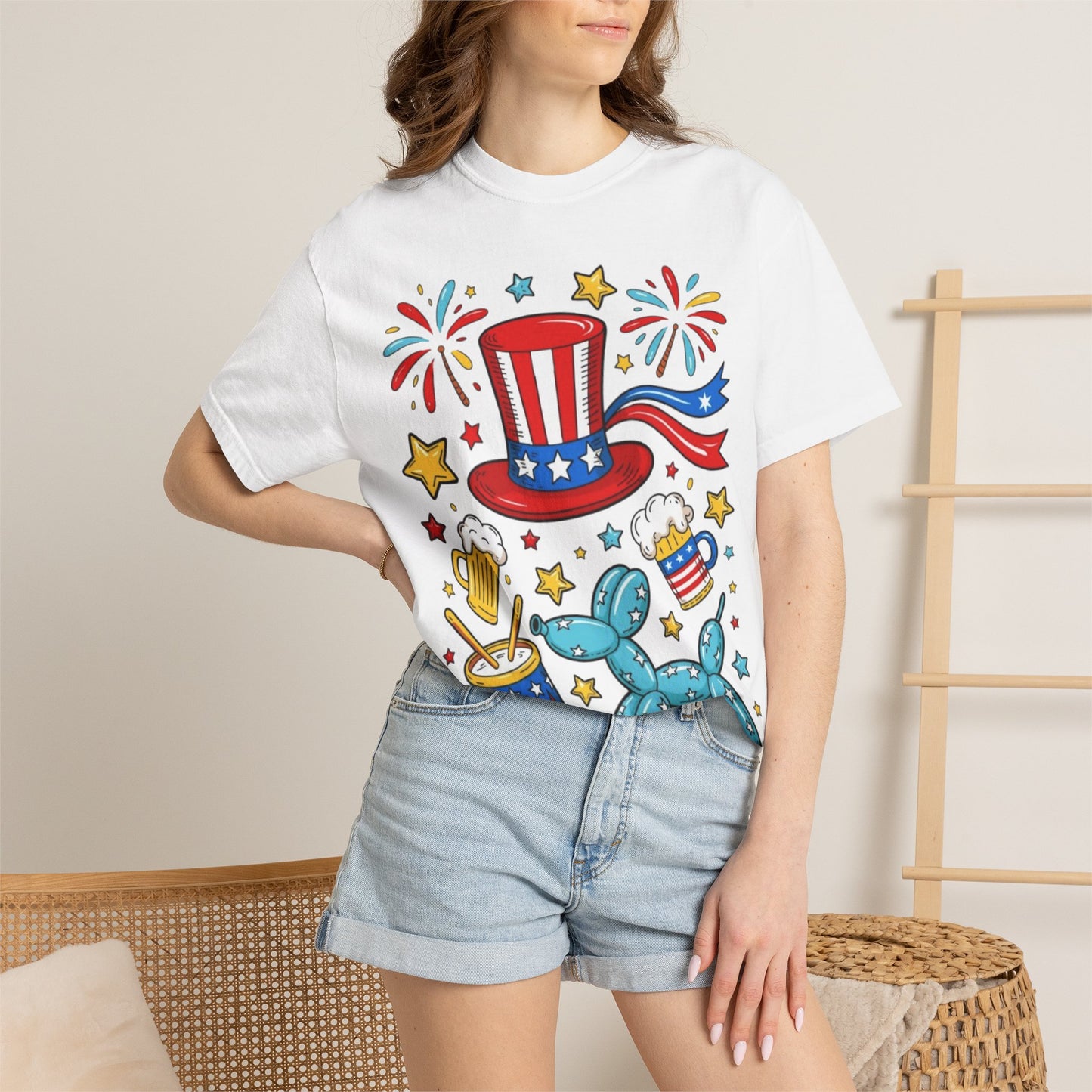 Patriotic Party T-Shirt — Uncle Sam Hat, Fireworks & Balloon Dog 4th of July Tee