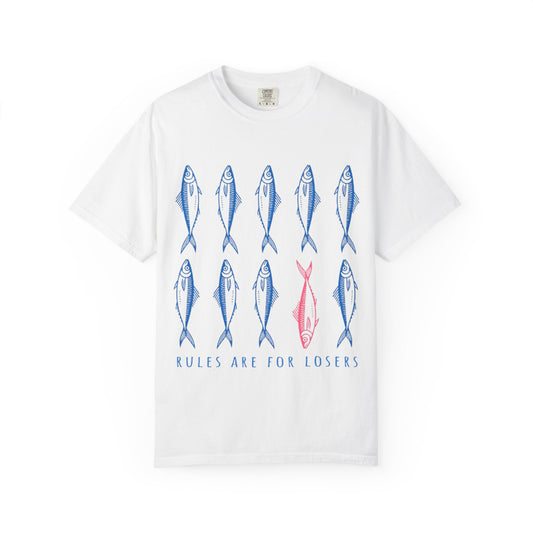 T-Shirt “Rules Are for Losers” Mackerel Print —