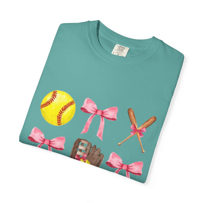 Softball Mom Graphic T-Shirt — Pink Bows, Glove & Helmet Design