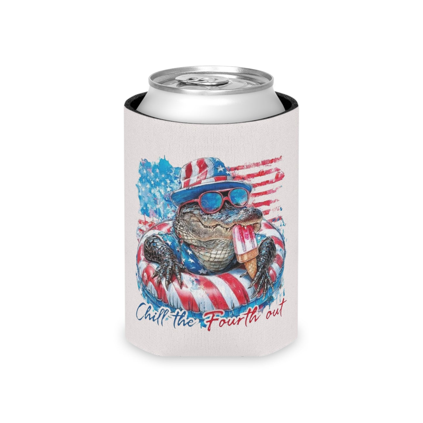 Patriotic Gator Can Cooler — "Chill the Fourth Out" 4th of July Drink Koozie