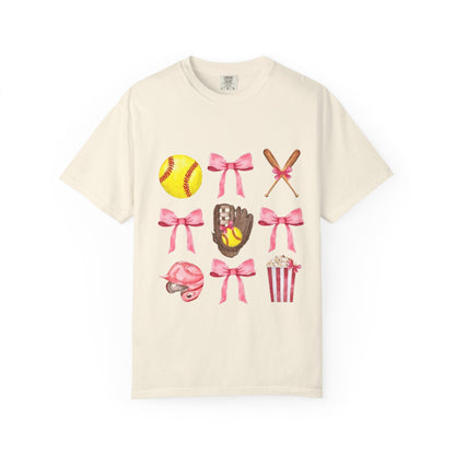 Softball Mom Graphic T-Shirt — Pink Bows, Glove & Helmet Design