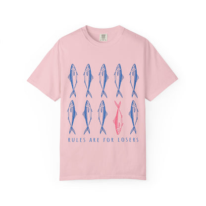 T-Shirt “Rules Are for Losers” Mackerel Print —