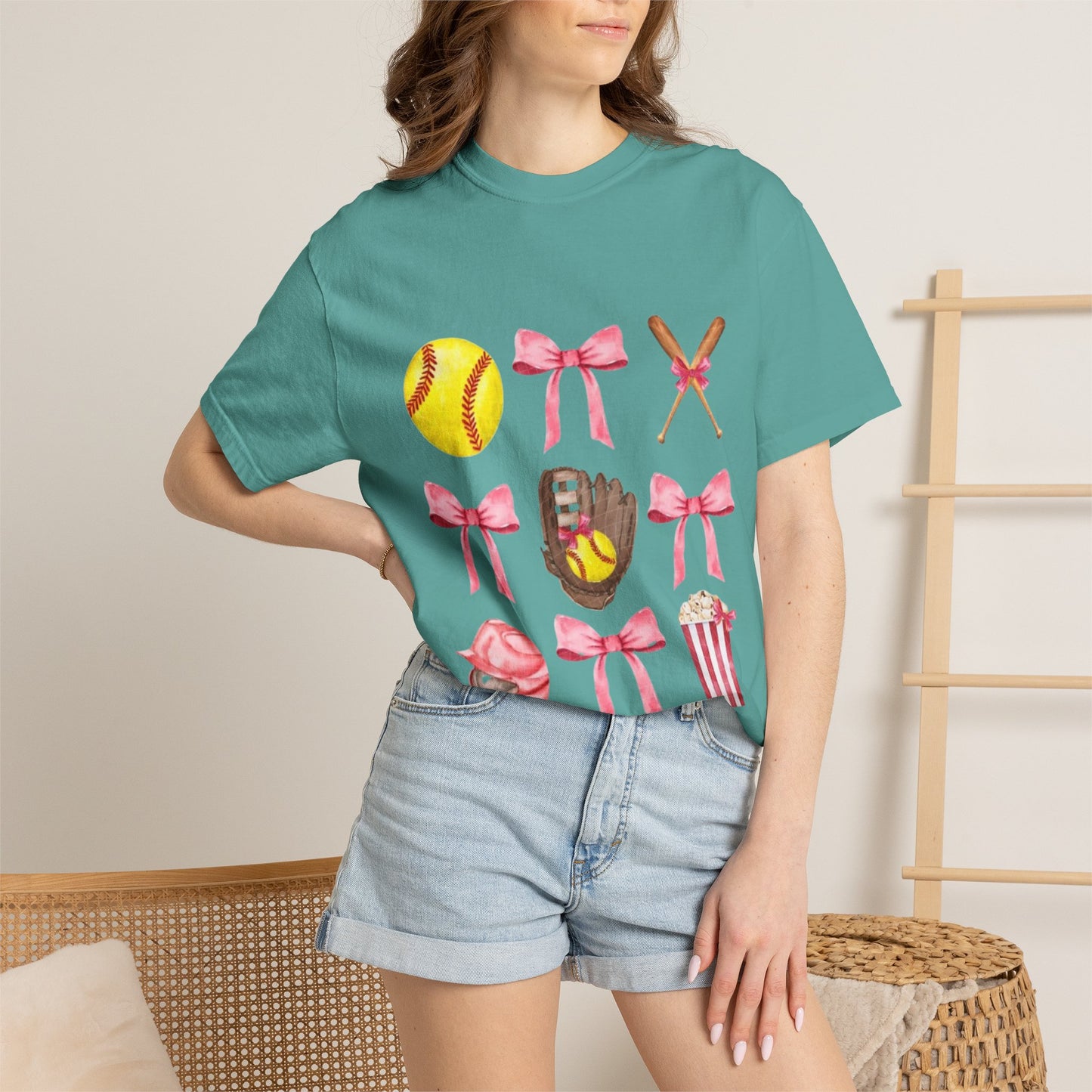 Softball Mom Graphic T-Shirt — Pink Bows, Glove & Helmet Design