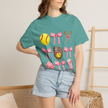 Softball Mom Graphic T-Shirt — Pink Bows, Glove & Helmet Design