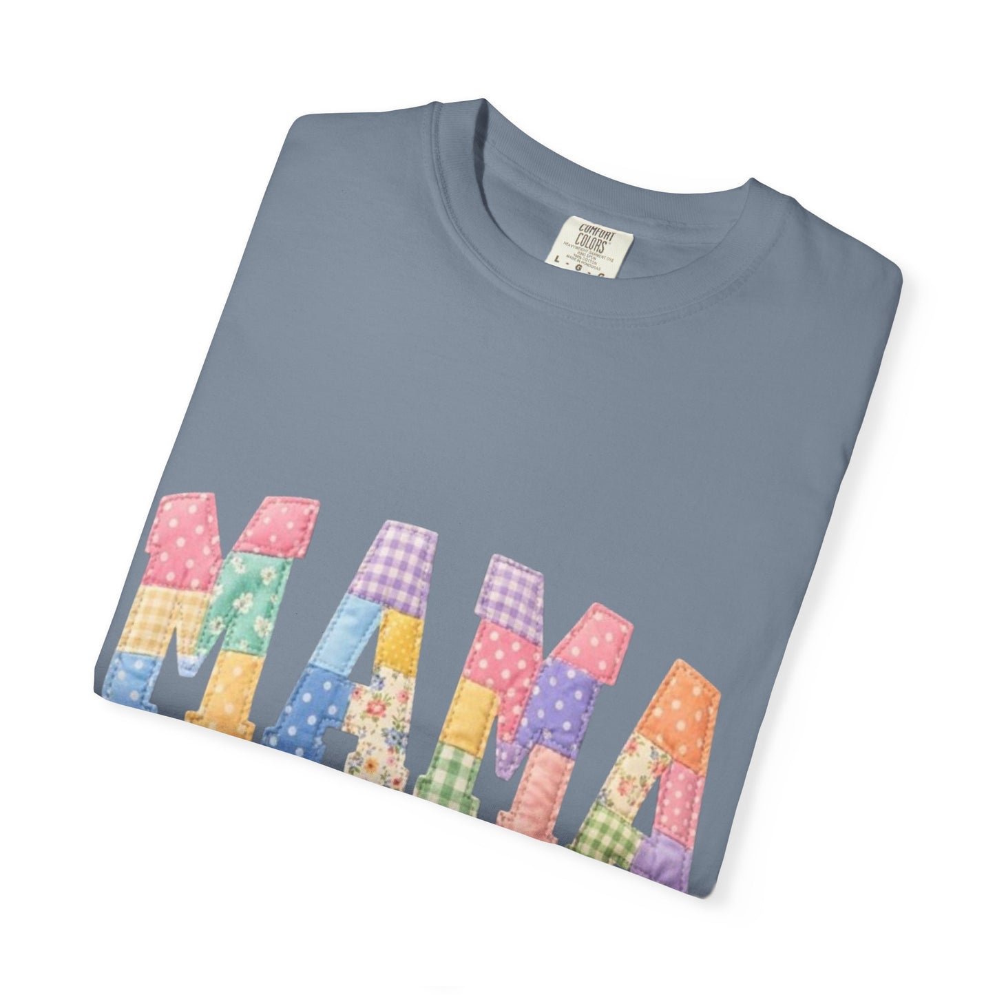 Mama Patchwork Graphic T-Shirt – Colorful Quilted Letter Tee for Moms