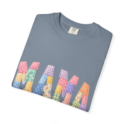Mama Patchwork Graphic T-Shirt – Colorful Quilted Letter Tee for Moms
