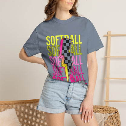 Softball Lightning Tee — Checkerboard Bolt Graphic Softball T‑Shirt