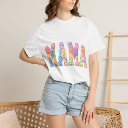 Mama Patchwork Graphic T-Shirt – Colorful Quilted Letter Tee for Moms