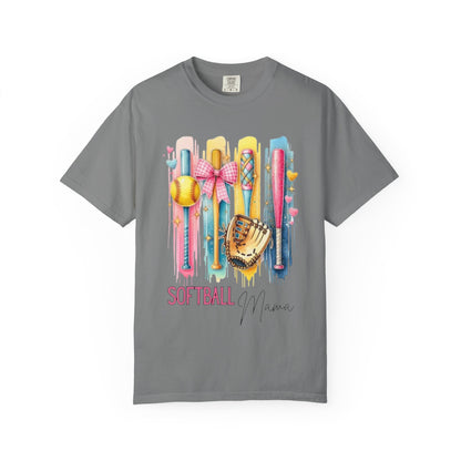 Softball Mama T-Shirt - Colorful Bats & Glove Graphic