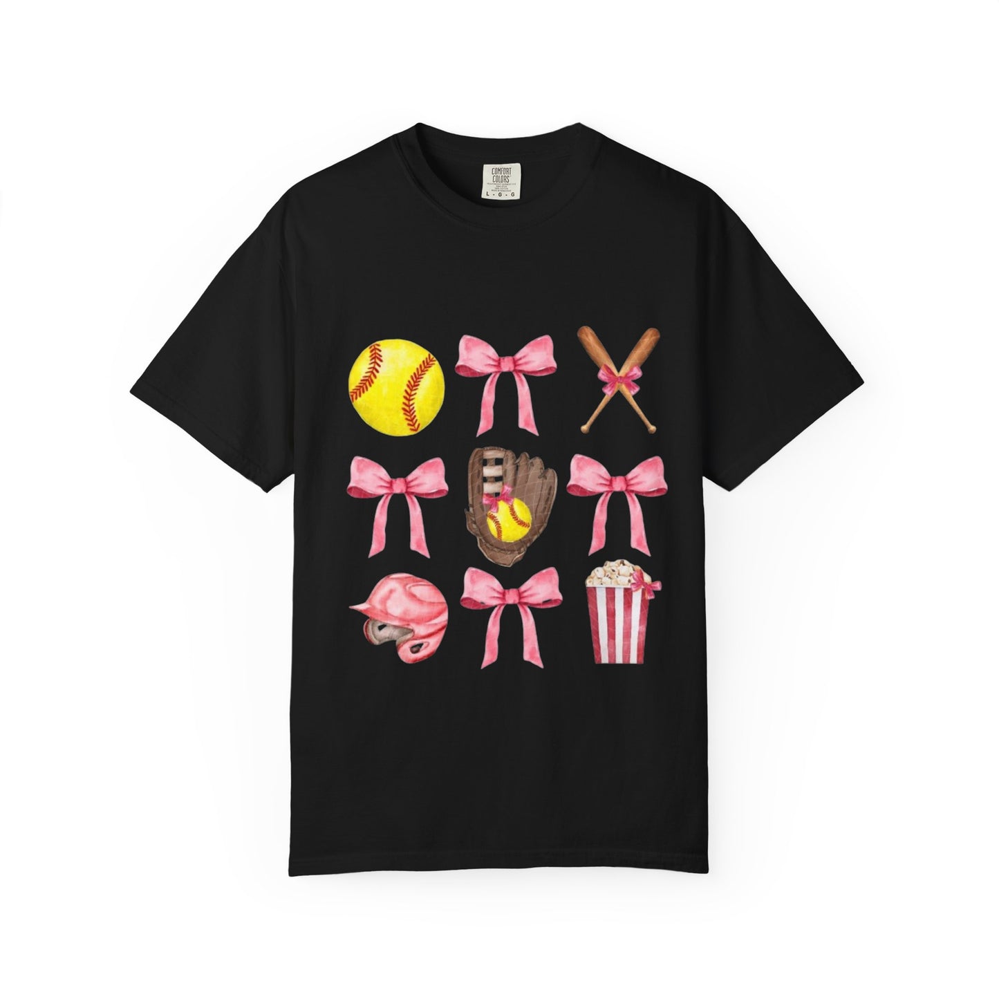 Softball Mom Graphic T-Shirt — Pink Bows, Glove & Helmet Design