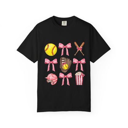 Softball Mom Graphic T-Shirt — Pink Bows, Glove & Helmet Design
