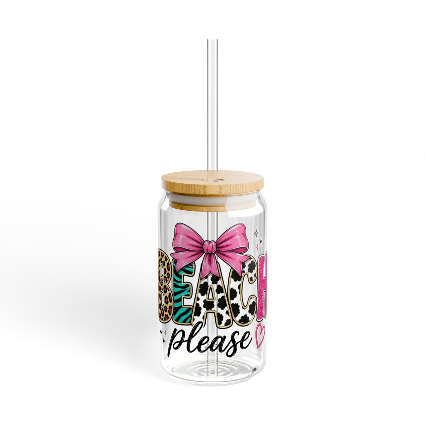 Beach Please 16oz Sipper Glass with Leopard & Bow Design