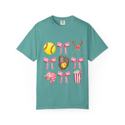 Softball Mom Graphic T-Shirt — Pink Bows, Glove & Helmet Design