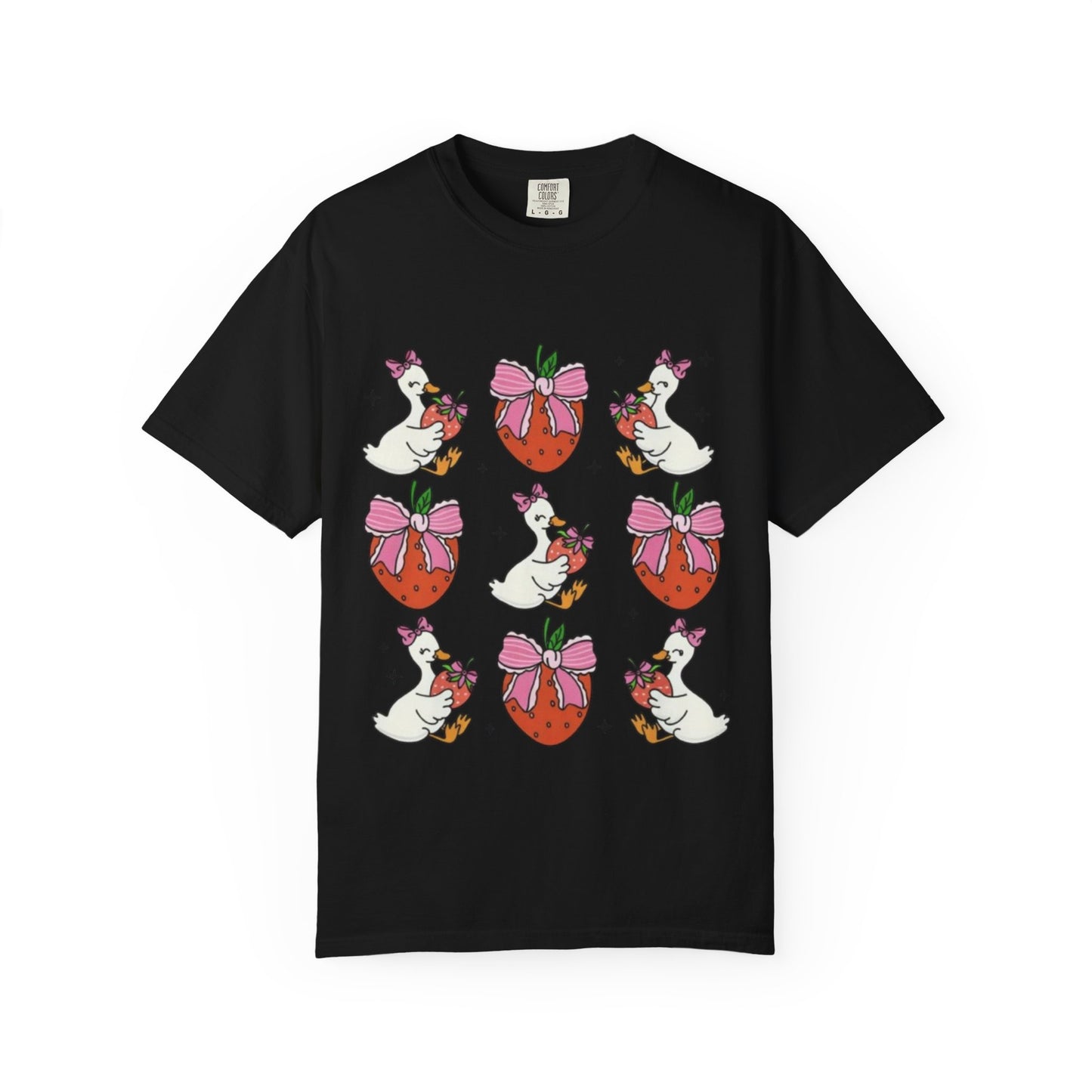 Strawberry Goose Pattern T-Shirt — Cute Cartoon Birds & Bows Tee