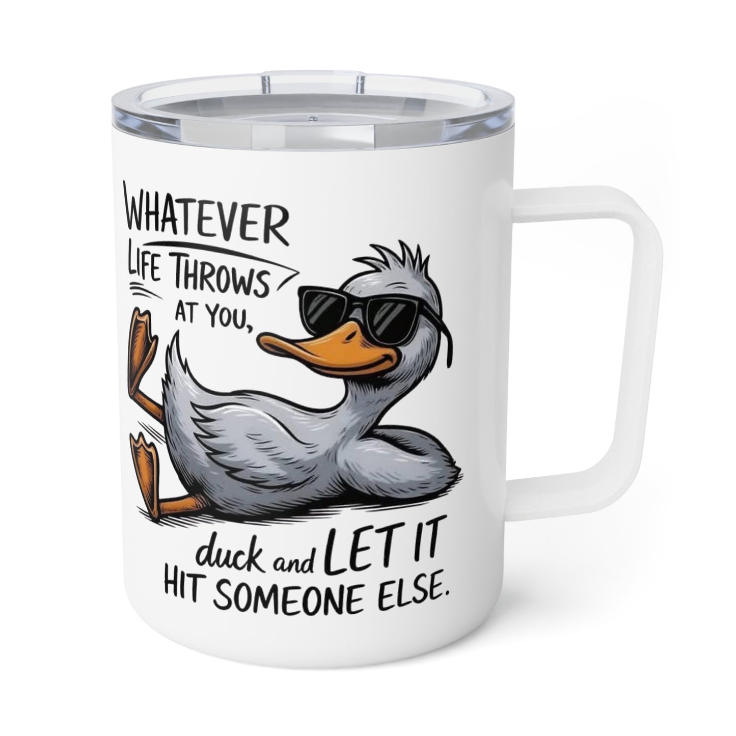 Insulated 10oz Coffee Mug — Funny Cool Seagull "Whatever Life Throws" Travel Tumbler