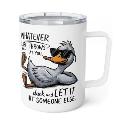 Insulated 10oz Coffee Mug — Funny Cool Seagull "Whatever Life Throws" Travel Tumbler