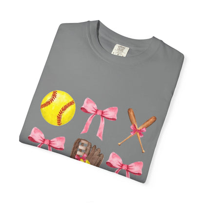 Softball Mom Graphic T-Shirt — Pink Bows, Glove & Helmet Design
