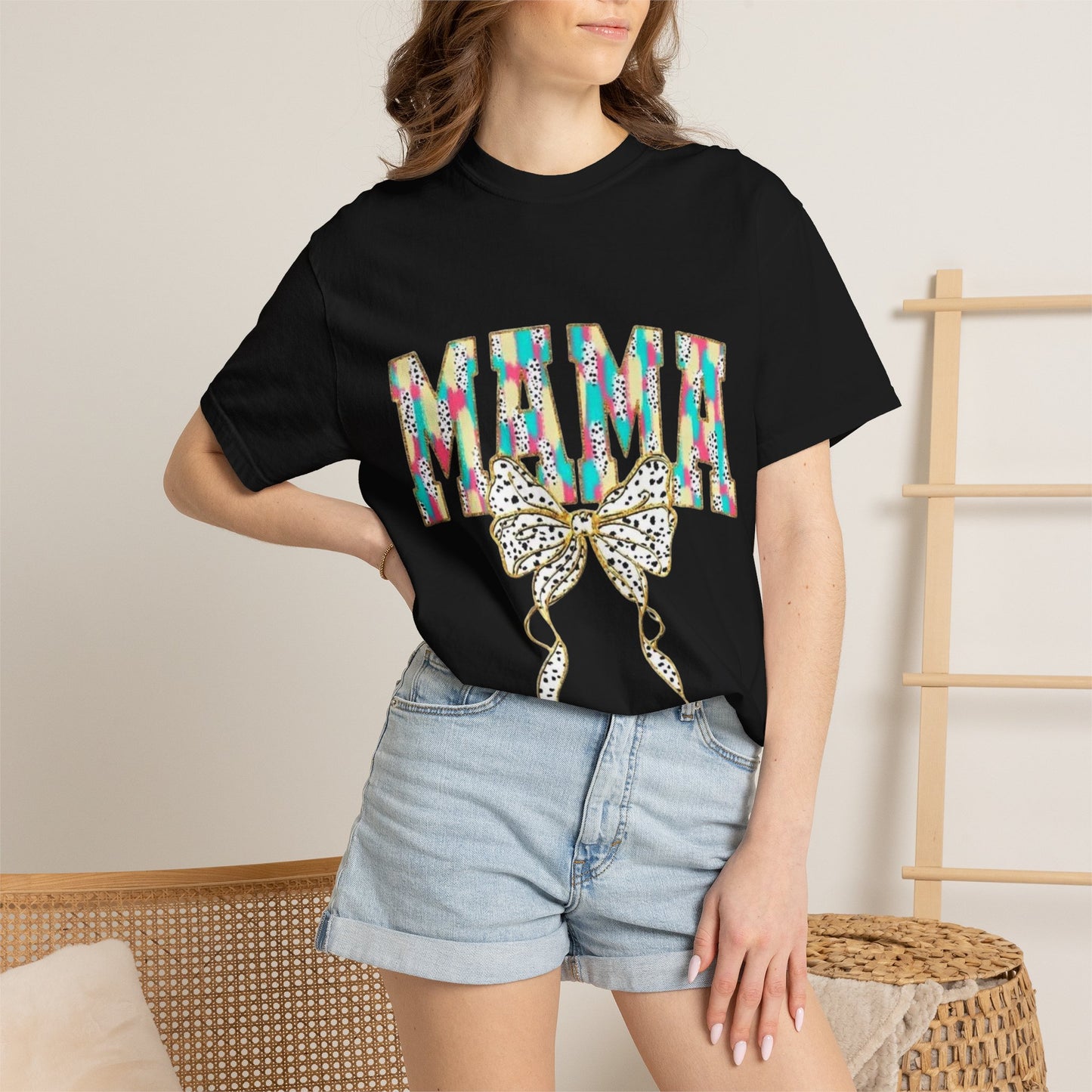 Mama Graphic T-Shirt with Colorful Leopard Bow — Mother's Day Casual Tee