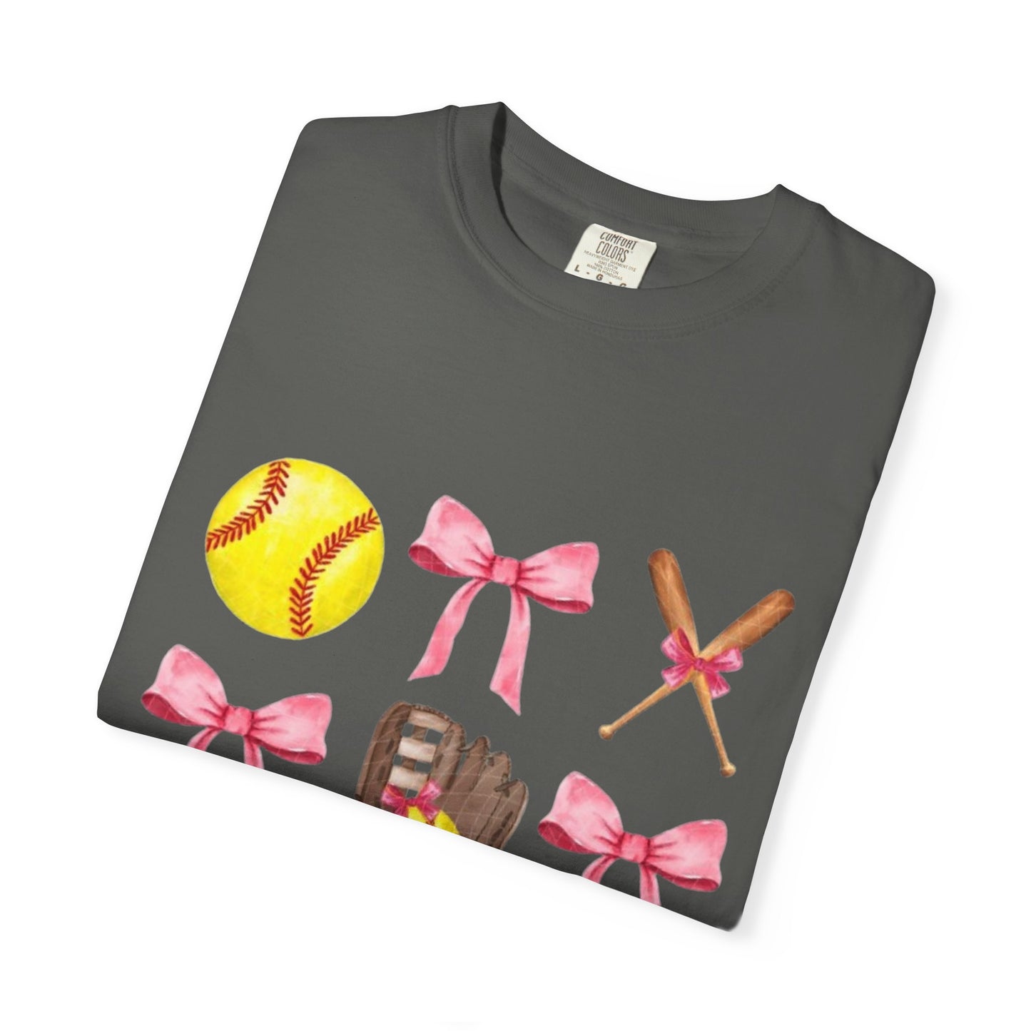 Softball Mom Graphic T-Shirt — Pink Bows, Glove & Helmet Design