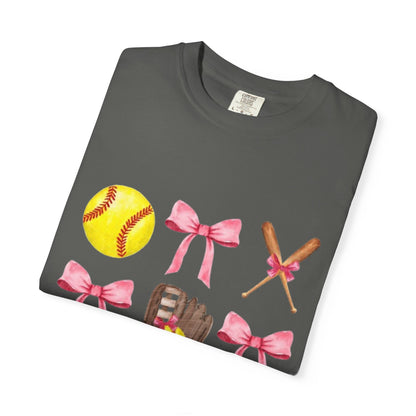 Softball Mom Graphic T-Shirt — Pink Bows, Glove & Helmet Design