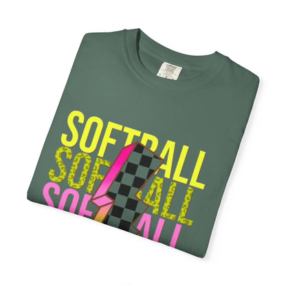 Softball Lightning Tee — Checkerboard Bolt Graphic Softball T‑Shirt