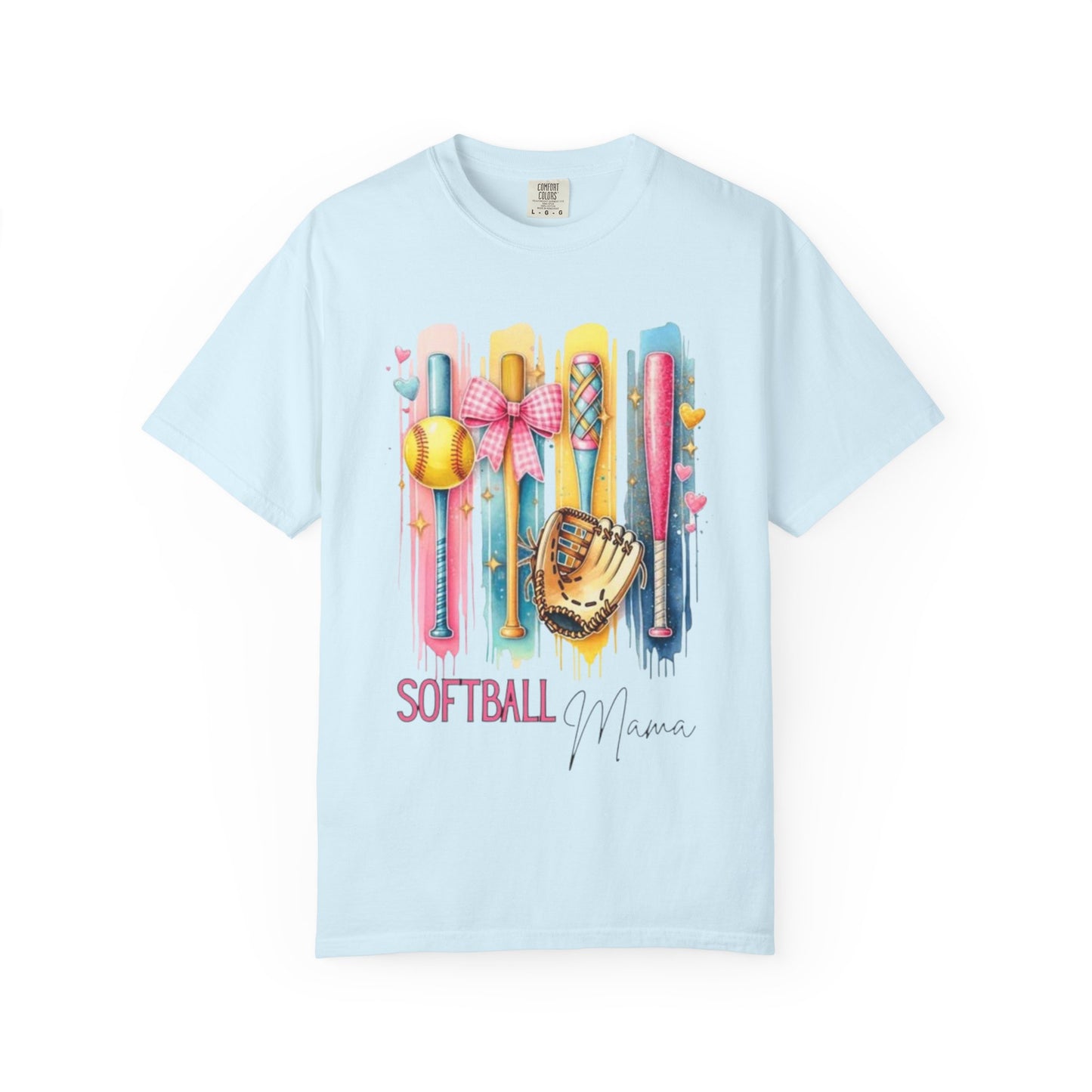 Softball Mama T-Shirt - Colorful Bats & Glove Graphic