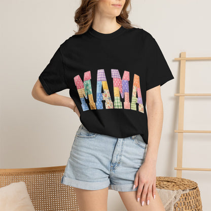 Mama Patchwork Graphic T-Shirt – Colorful Quilted Letter Tee for Moms