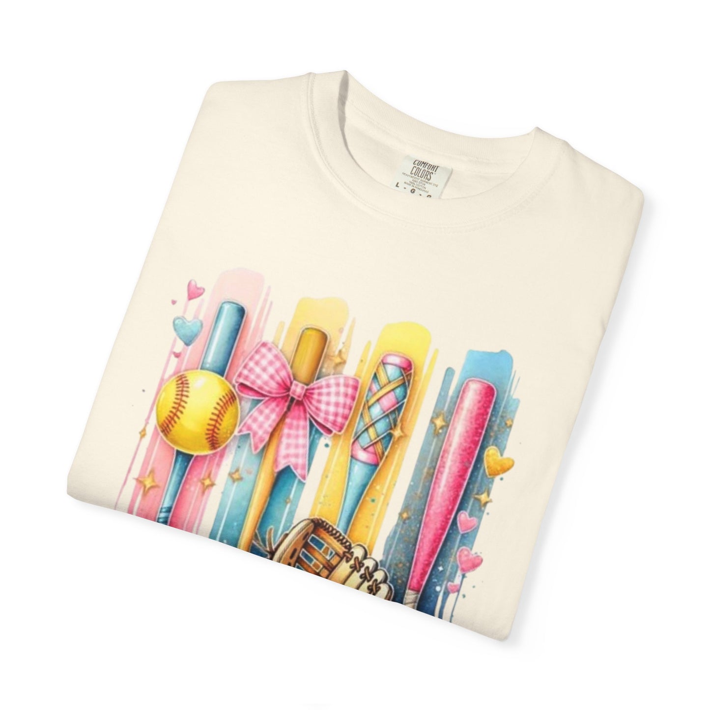 Softball Mama T-Shirt - Colorful Bats & Glove Graphic