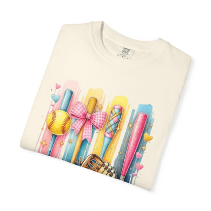 Softball Mama T-Shirt - Colorful Bats & Glove Graphic