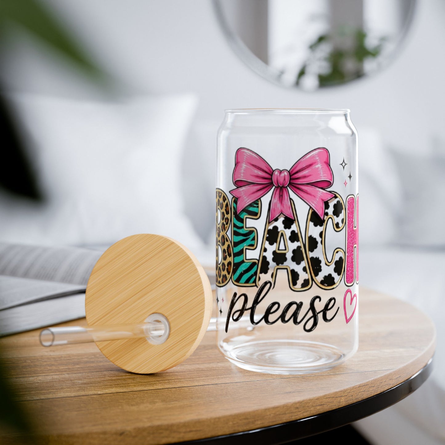 Beach Please 16oz Sipper Glass with Leopard & Bow Design