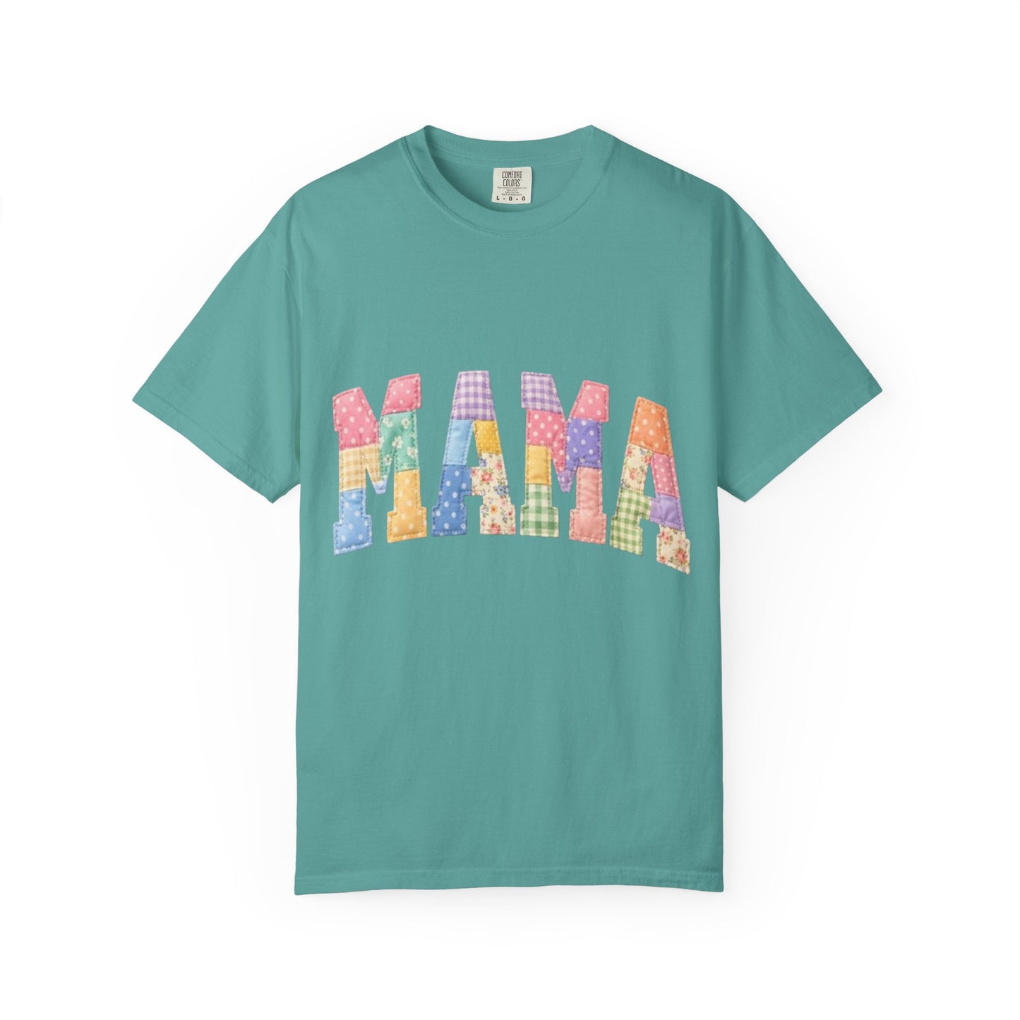 Mama Patchwork Graphic T-Shirt – Colorful Quilted Letter Tee for Moms