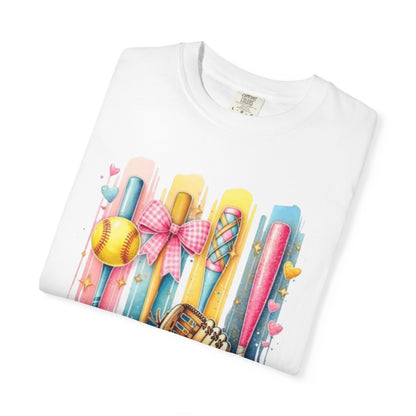 Softball Mama T-Shirt - Colorful Bats & Glove Graphic
