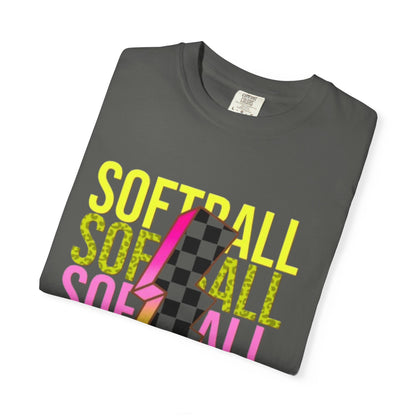 Softball Lightning Tee — Checkerboard Bolt Graphic Softball T‑Shirt
