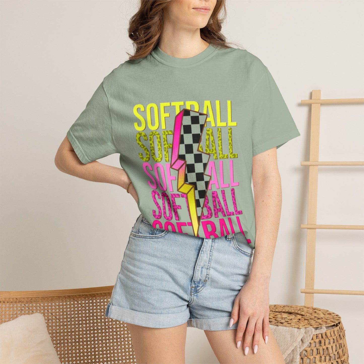 Softball Lightning Tee — Checkerboard Bolt Graphic Softball T‑Shirt
