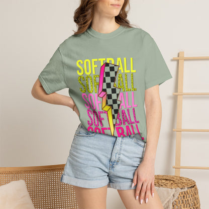 Softball Lightning Tee — Checkerboard Bolt Graphic Softball T‑Shirt