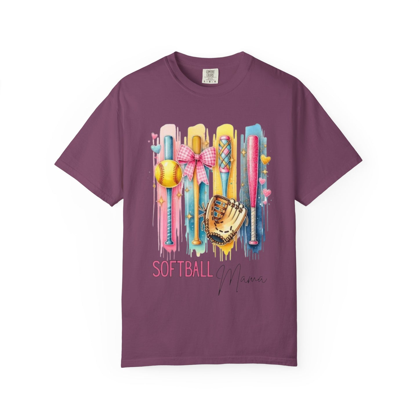 Softball Mama T-Shirt - Colorful Bats & Glove Graphic