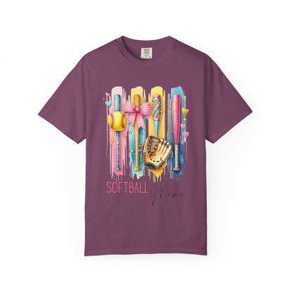 Softball Mama T-Shirt - Colorful Bats & Glove Graphic