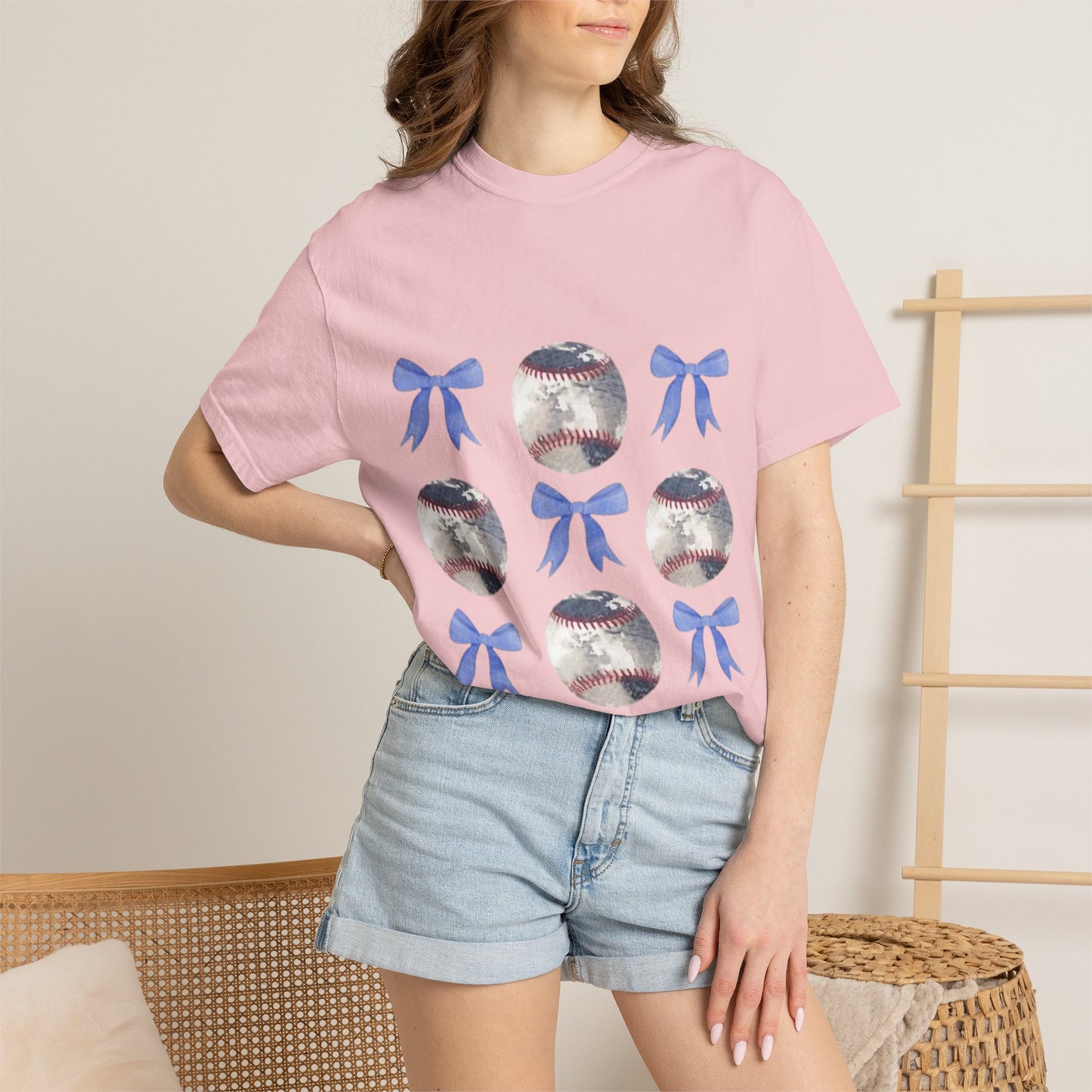 Baseball Bow Pattern T-Shirt — Cute Sports Graphic Tee